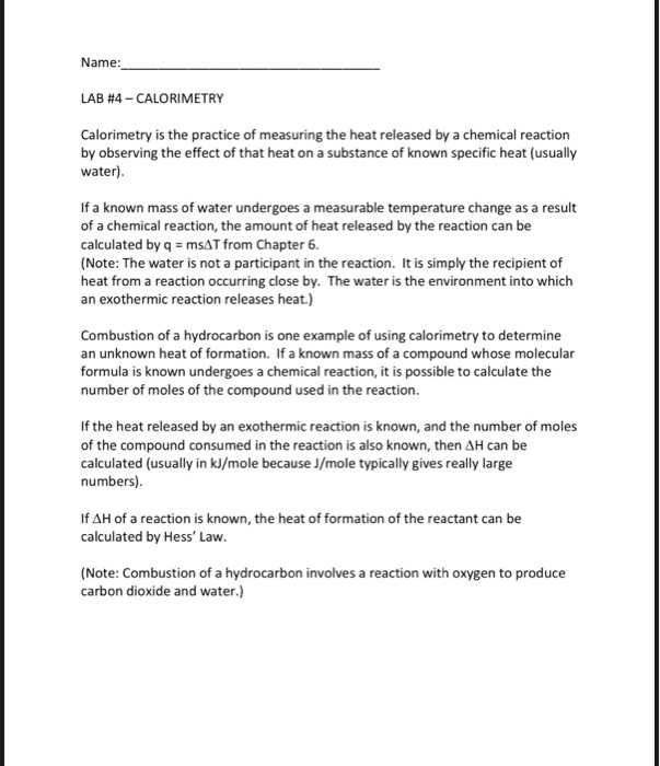 Solved Name LAB 4 CALORIMETRY Calorimetry is the