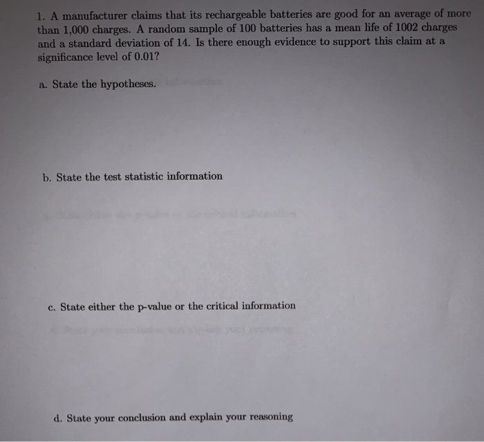Solved 1. A manufacturer claims that its rechargeable