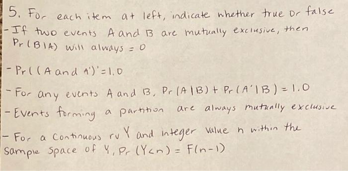 Solved 5. For each item at left, indicate whether true or | Chegg.com