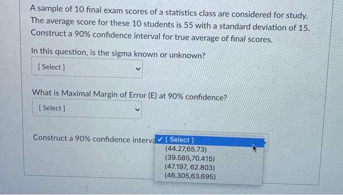 Solved A sample of 10 final exam scores of a statistics | Chegg.com