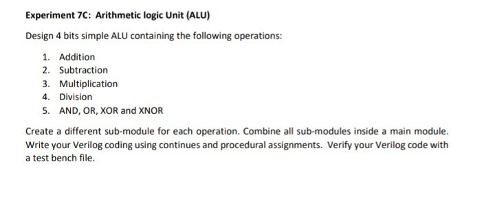 Solved Experiment 7C: Arithmetic logic Unit (ALU) Design 4 | Chegg.com
