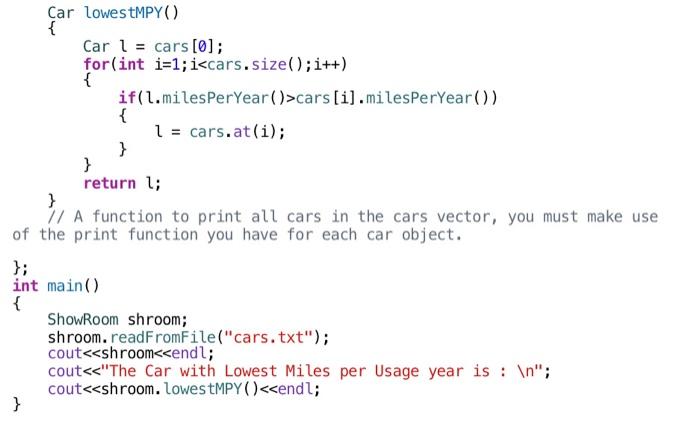 Solved Given the following code for Car and Showroom | Chegg.com