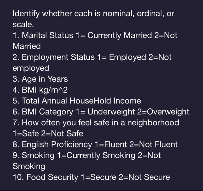 Solved Identify whether each is nominal, ordinal, or scale.