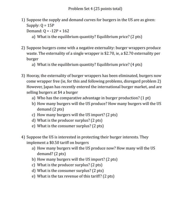 Solved 1) Suppose The Supply And Demand Curves For Burgers | Chegg.com