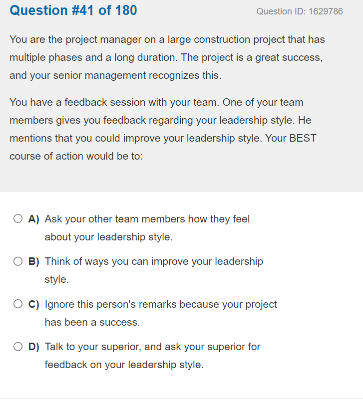 Solved Question #41 ﻿of 180You are the project manager on a | Chegg.com