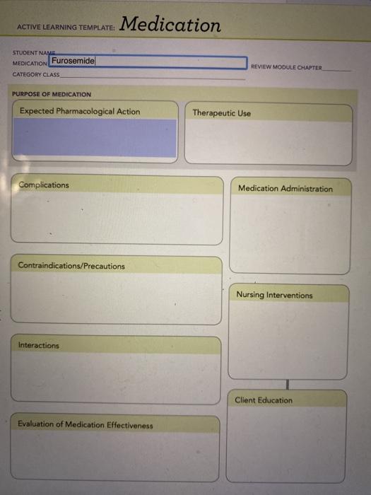 ACTIVE LEARNING TEMPLATE: Medication STUDENT NAME MEDICATION Furosemide REVIEW MODULE CHAPTER CATEGORY CLASS PURPOSE OF MEDIC