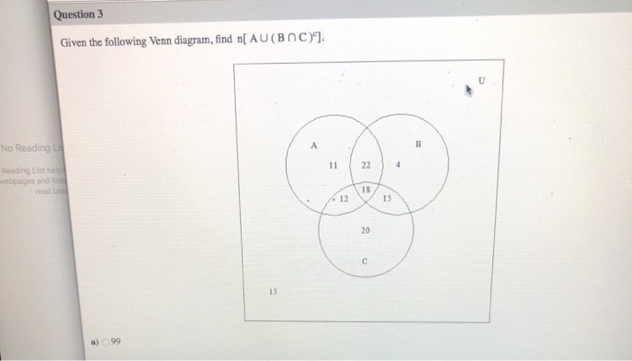 Solved Question 3 Given The Following Venn Diagram, Find N[ | Chegg.com