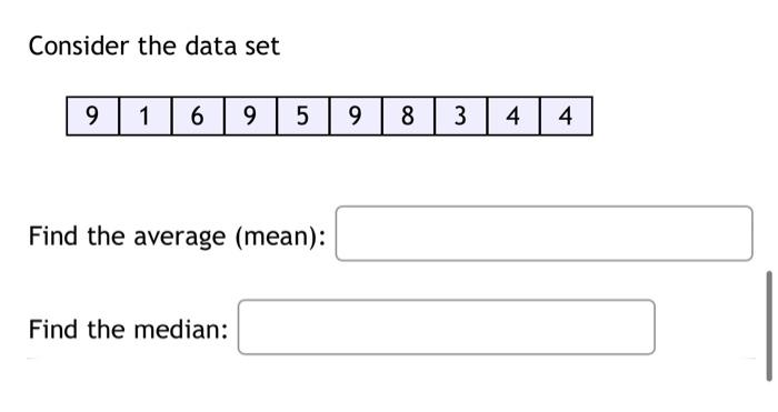 Solved Consider the data set 9 1 6 9 5 9 8 3 4 4 Find the | Chegg.com