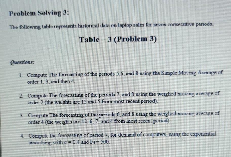 Solved Problem Solving 3: The Following Table Represents | Chegg.com