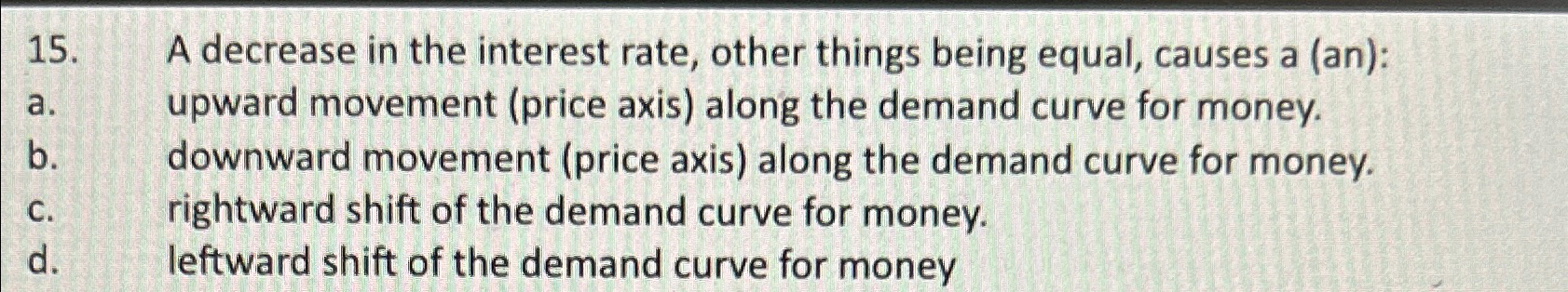 Solved A decrease in the interest rate, other things being | Chegg.com