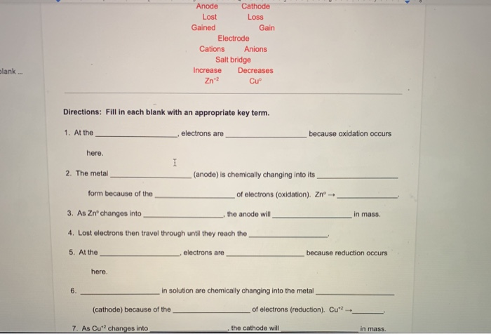 Solved Anode Cathode Lost Loss Gained Gain Electrode Cations | Chegg.com