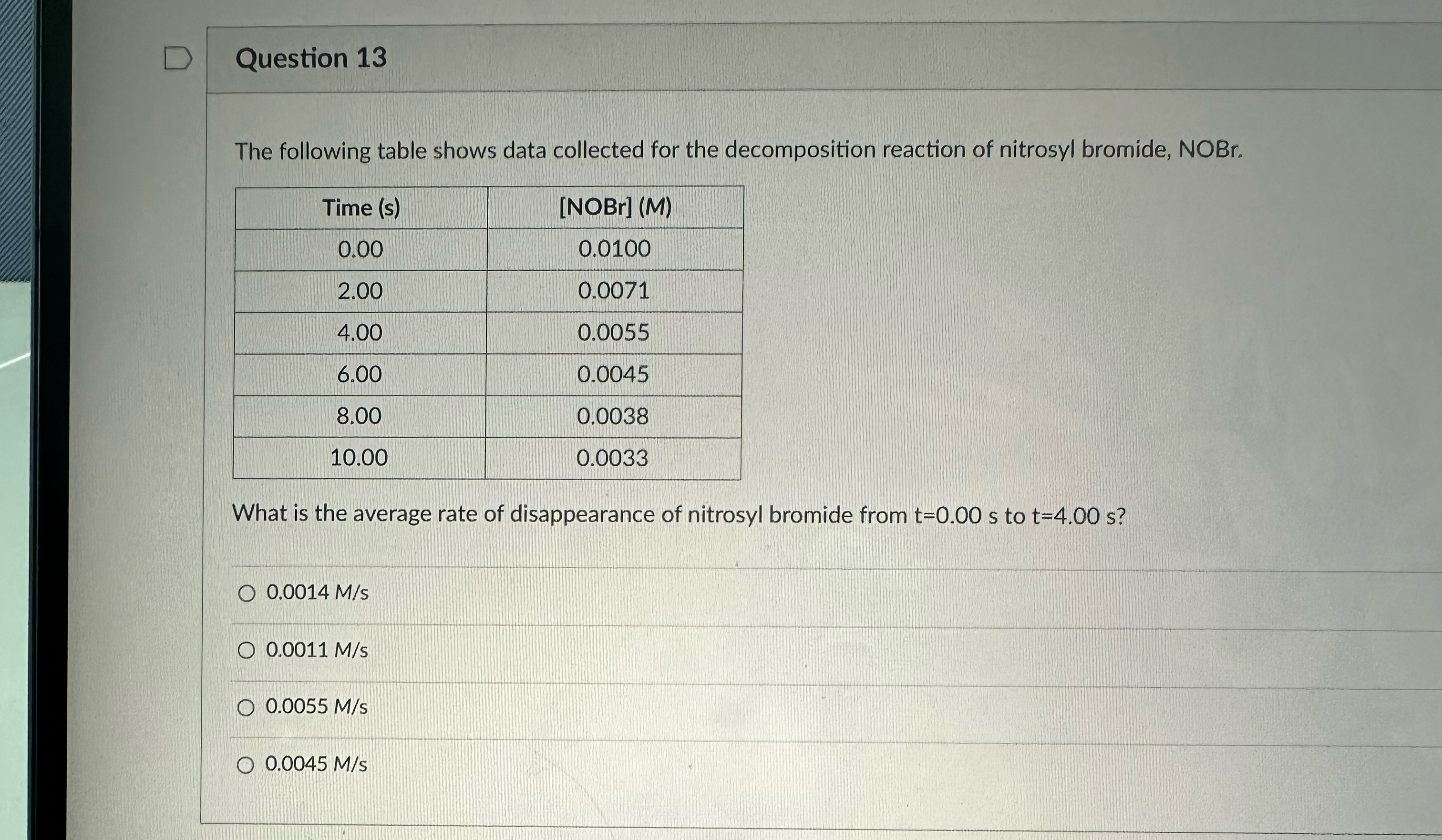 Solved Question 13The following table shows data collected | Chegg.com