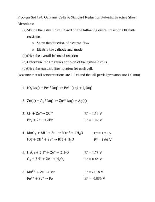 Solved Problem Set #34: Galvanic Cells & Standard Reduction | Chegg.com