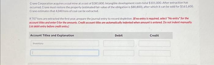 Solved Crane Corporation acquires a coal mine at a cost of | Chegg.com
