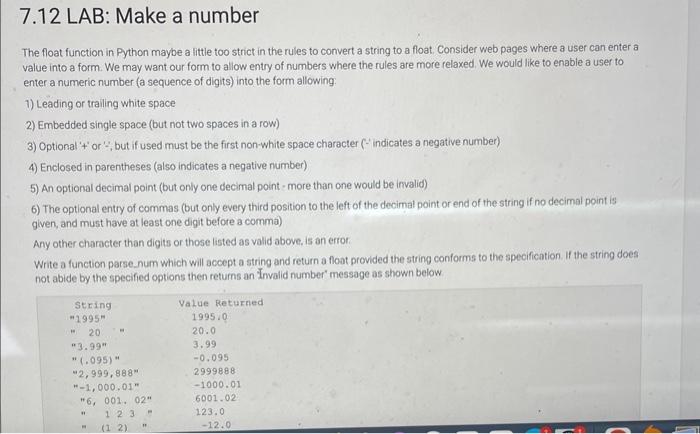 Solved 7.12 LAB: Make a number The float function in Python | Chegg.com