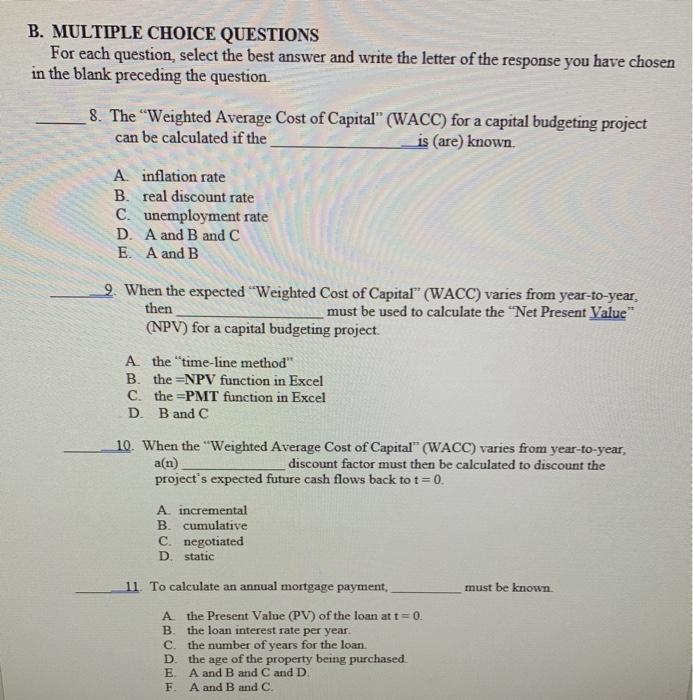 Solved B. MULTIPLE CHOICE QUESTIONS For Each Question, | Chegg.com