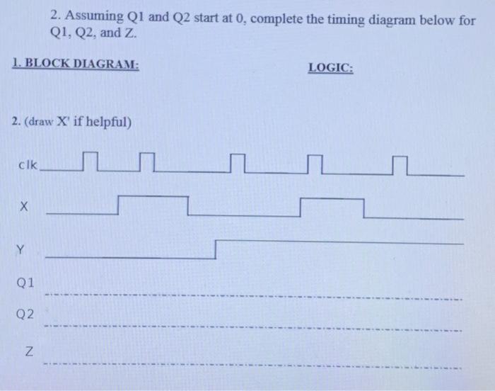 2. Assuming \( \mathrm{Q} 1 \) and \( \mathrm{Q} 2 \) start at 0 , complete the timing diagram below for
