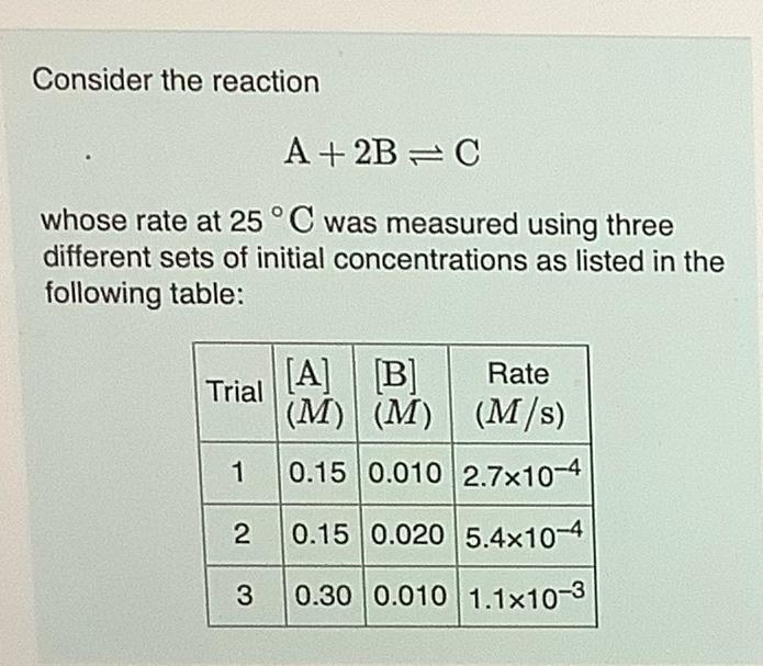 Solved Consider the reaction A + 2B=C whose rate at 25°C was | Chegg.com