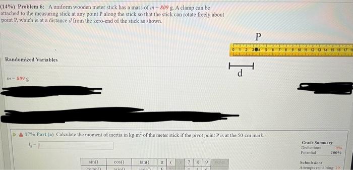 Solved (14\%) Problem 6: A uniform wooden meter stick has a | Chegg.com