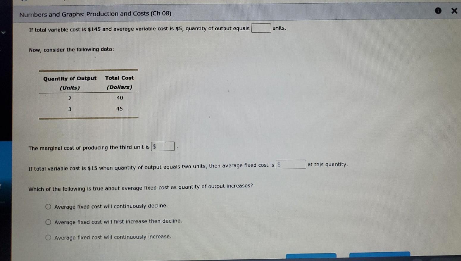 Solved Numbers and Graphs: Production and Costs (Ch 08) If | Chegg.com