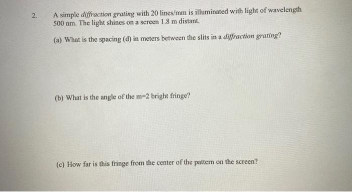 Solved 2. A simple diffraction grating with 20 lines/mm is | Chegg.com