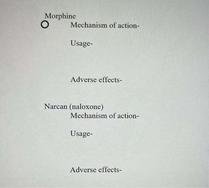 Morphine o Mechanism of action- Usage- Adverse effects- Narcan (naloxone) Mechanism of action- Usage- Adverse effects-