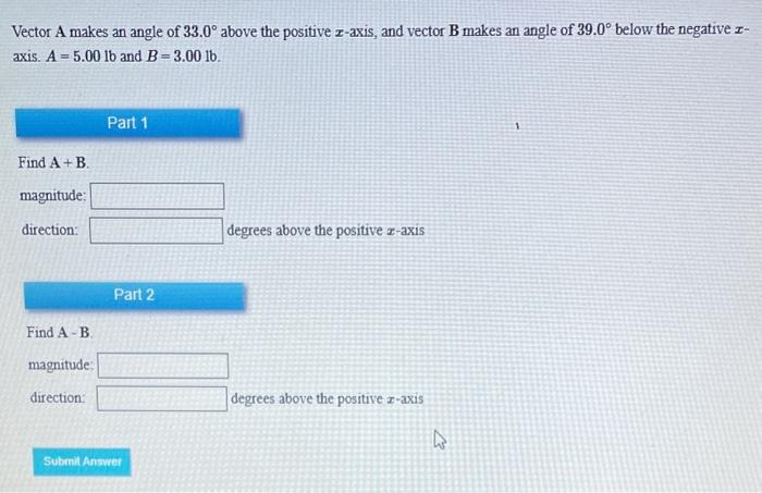 Solved Vector A makes an angle of 33.0∘ above the positive | Chegg.com