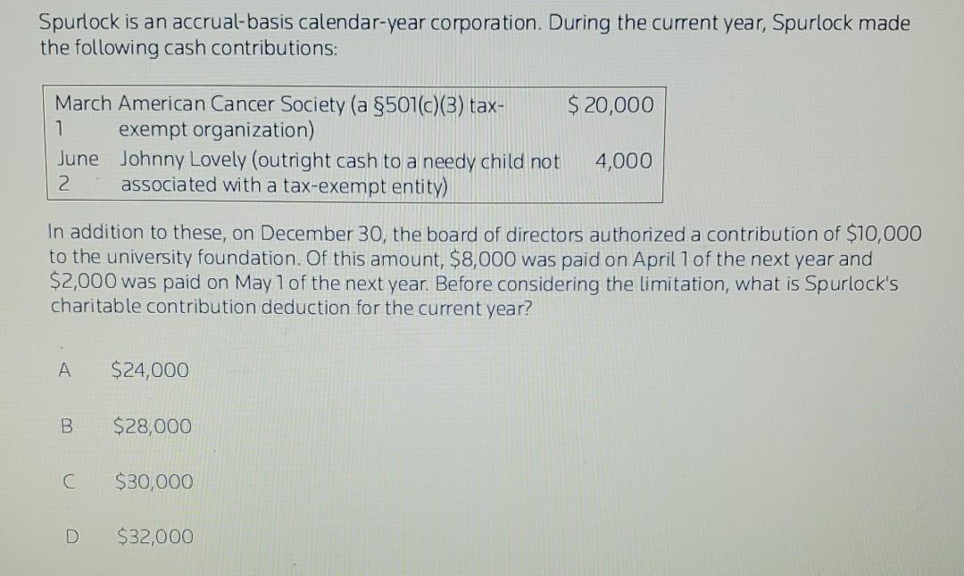 Solved Spurlock is an accrualbasis calendaryear