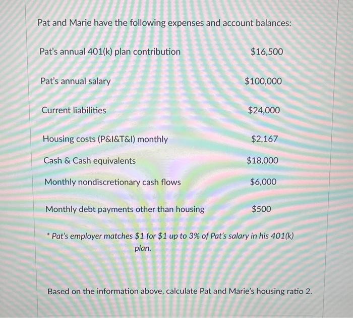 Pat and Marie have the following expenses and account balances: plan.
Based on the information above, calculate Pat and Marie