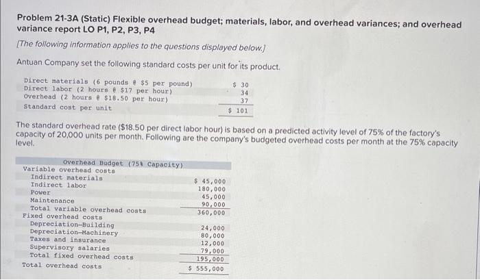 Problem 21-3A (Static) Flexible overhead budget; materials, labor, and overhead variances; and overhead variance report LO P1