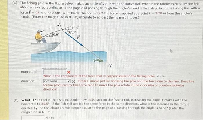 Solved The fishing pole in the figure below makes an angle | Chegg.com