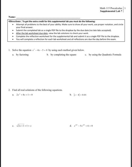 Solved Math 115 Precalculus Supplemental Lab 7 Name: | Chegg.com