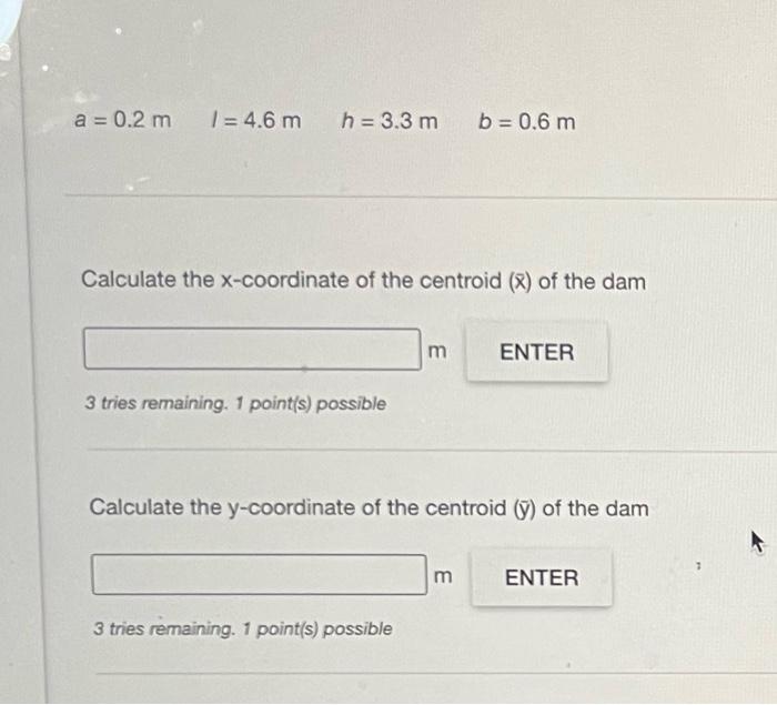 \[
a=0.2 \mathrm{~m} \quad I=4.6 \mathrm{~m} \quad h=3.3 \mathrm{~m} \quad b=0.6 \mathrm{~m}
\]
Calculate the \( x \)-coordin