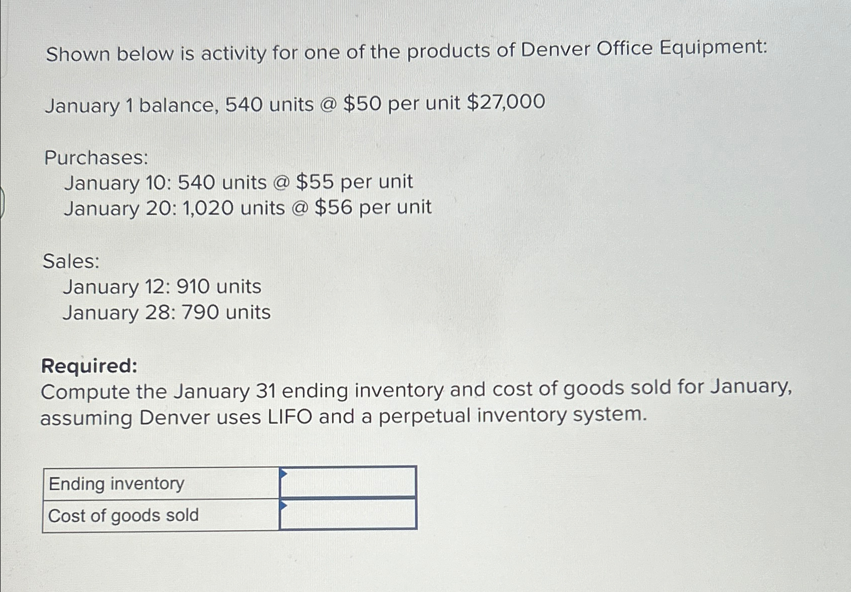 Solved Shown below is activity for one of the products of | Chegg.com