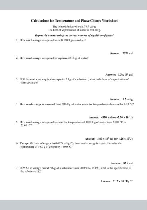 Solved Calculations For Temperature And Phase Change Work Chegg Com