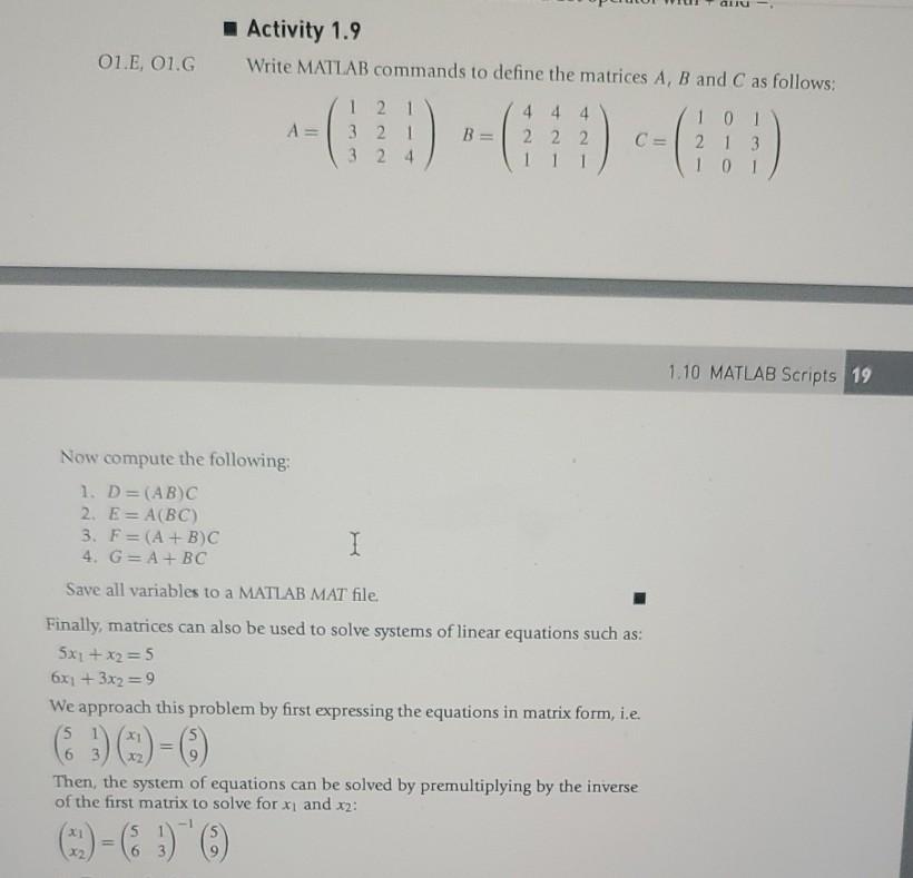 Solved 01.E, 01.G Activity 1.9 Write MATLAB commands to | Chegg.com