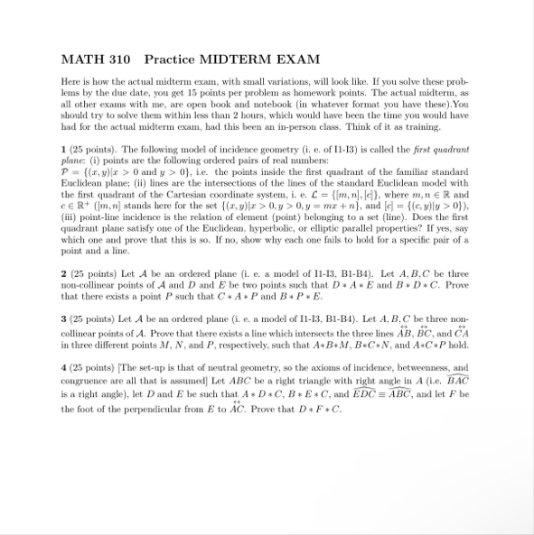 Solved MATH 310 ﻿Practice MIDTERM EXAMHere is how the actual | Chegg.com