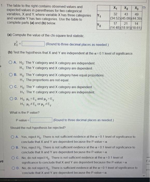 Solved The table to the right contains observed values and | Chegg.com