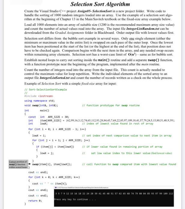 Solved Selection Sort Algorithm Create the Visual Studio C++ | Chegg.com