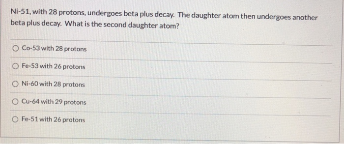 Solved Ni-51, with 28 protons, undergoes beta plus decay. | Chegg.com