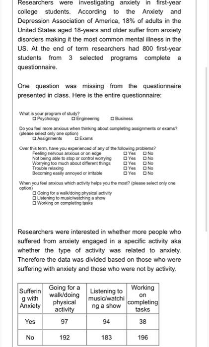 Researchers were investigating anxiety in first-year | Chegg.com