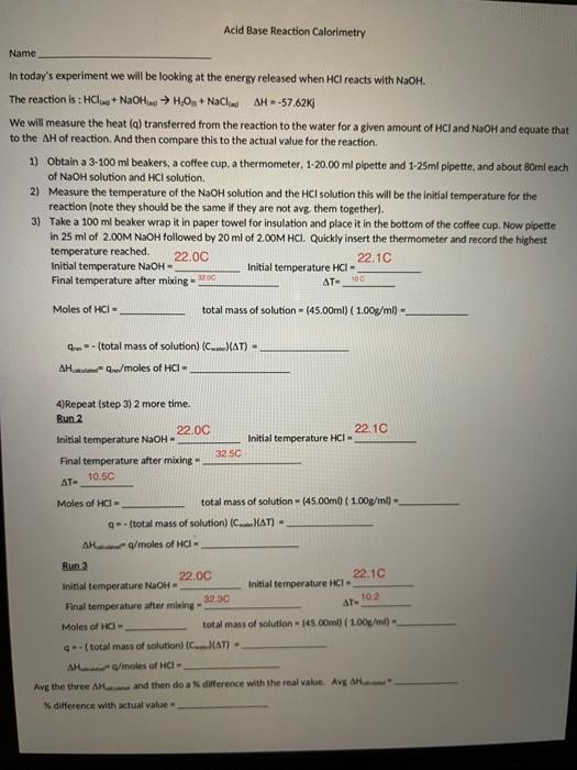 Solved Acid Base Reaction Calorimetry Name In today's