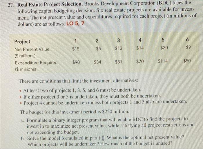 Solved 17. Real Estate Project Selection. Brooks Development | Chegg.com