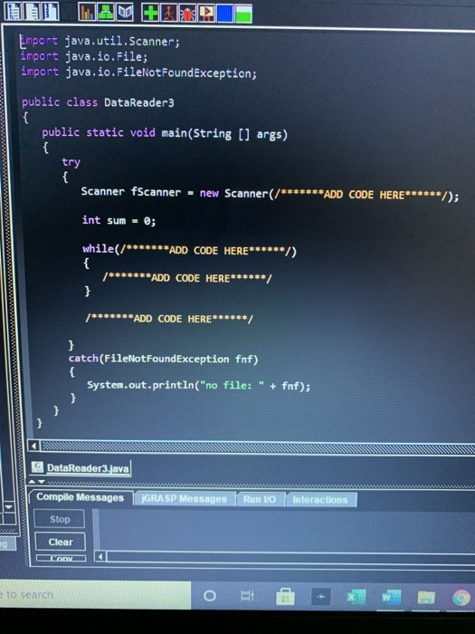 Solved Problem 3 Using class DataReader3.java, complete the | Chegg.com