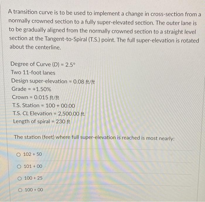 Solved A Transition Curve Is To Be Used To Implement A | Chegg.com