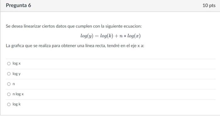 Se desea linearizar ciertos datos que cumplen con la siguiente ecuacion: \[ \log (y)=\log (k)+n * \log (x) \] La grafica que