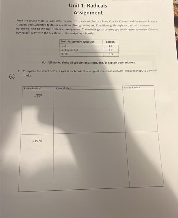 Solved Unit 1: Radicals Assignment Read the course material, | Chegg.com
