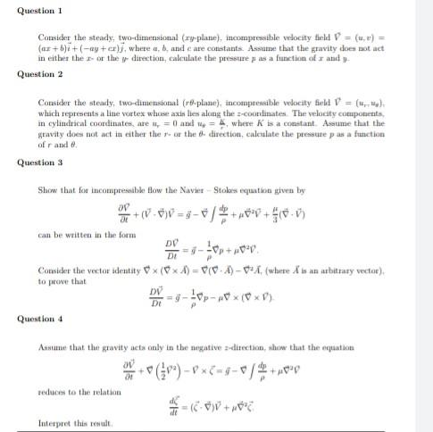 Solved Question 1 Consider the steady, two-dimensional | Chegg.com