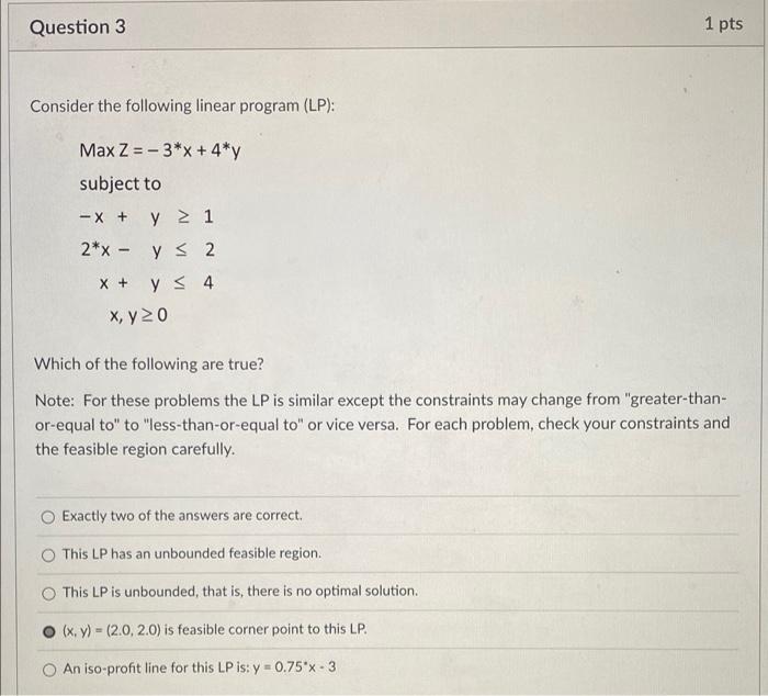 Solved Question 2 1 pts Consider the following linear | Chegg.com