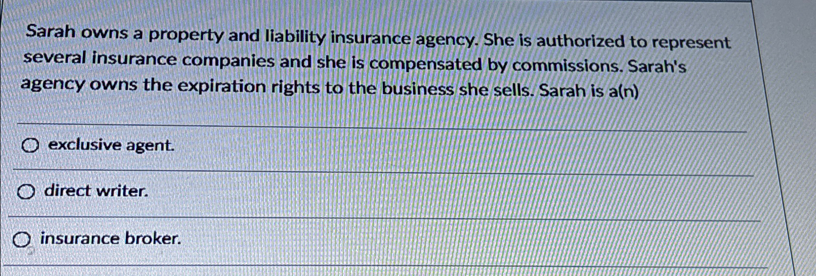 Solved Sarah owns a property and liability insurance agency. | Chegg.com